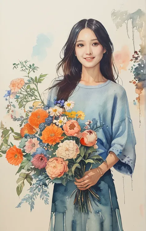 8K,​masterpiece,top-quality, (From below:1.6) ,Dynamic Pose,30 years old 1 girl, Holding a large bouquet,Portrait, Floral, watercolor sketch, light, Long hair, ssmile, watercolor paiting (Medium),watercolor paiting,Plain tank top,Plain light blue sweater,l...