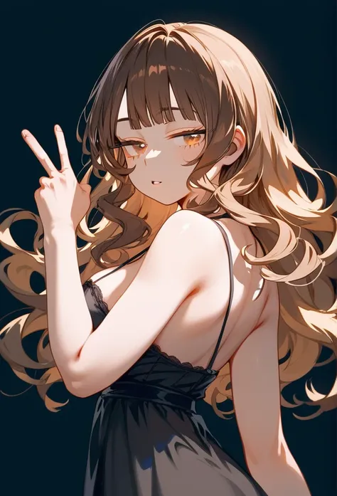 masterpiece, Score_9, Score_8_up, Score_7_up, rear view, 1 woman, alone, brown hair, long curly hair, split bangs, honey eyes, half-closed eyes, parted lips, expressionless, pale skin, large breasts, upper body, Black nightdress with V-neckline, black back...