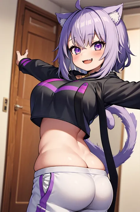 masterpiece, best quality, absurdres, perfect anatomy, 1girl, solo, okayudefault, black hoodie, (onigiri print), [navel], white pants, cat tail, ahoge, smile, fangs, spread arms, indoors, massive breast, massive butt, fat butt, 