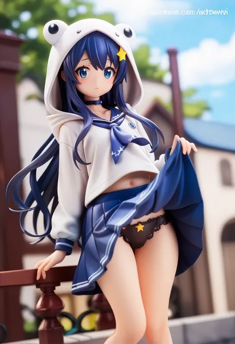 best quality,ultra detailed,extremely detailed and beautiful,perfect anatomy,perfect hands,(outdoor,doentown)++, 1GIRL, HOOD UP, (HOSHIMACHI SUISEI),,blue eyes,blue hair, long hair, (skirt lift)++,(contemptuous,disdain)+, (lace panties)+++,flat chest, star...