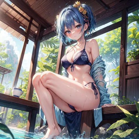 ((Highest quality)), ((masterpiece)), ((detailed)), (4K), 1girl, 独奏, pixie cut, indigo blue hair, sarong, (side-tie bikini bottom), large breasts, squatting, open legs, feet up, (from below), (looking down), looking at viewer, (wet), angry, blush