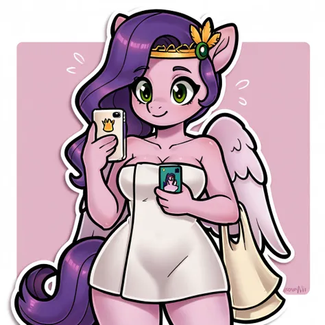 (score_9, score_8_up), pipp petals, pegasus, mlp, g5, wrapped in towel, medium breasts, holding phone