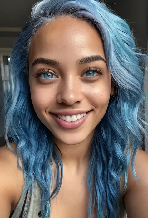 a smiling biracial woman with blue hair and light blue eyes, extremely detailed facial features, beautiful detailed eyes, beautiful detailed lips, selfie portrait, photorealistic, ultra-detailed, 8k, highres, masterpiece, vivid colors, natural lighting, in...