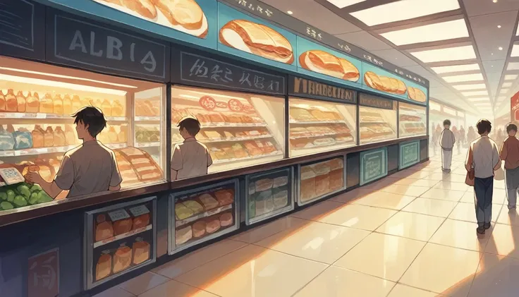 supermarket，armageddon，panoramic interior，two-dimensional style，japanese people animation style
