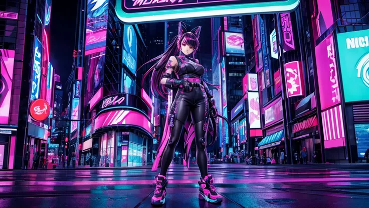 masterpiece, best quality, Confident cyberpunk girl, full body shot, ((standing in front of motorcycle)), Harajuku-inspired pop outfit, bold colors and patterns, eye-catching accessories, trendy and innovative hairstyle, vibrant makeup, Cyberpunk dazzling ...