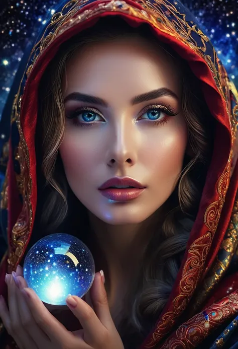 astrologer,beautiful detailed eyes,beautiful detailed lips,extremely detailed face,extremely detailed eyes,longeyelashes,((Upper body shot)), intricate robe,hooded figure,starry night sky,glowing crystal ball,swirling cosmic energy,dramatic lighting,cinema...