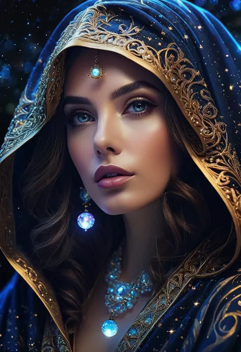 astrologer,beautiful detailed eyes,beautiful detailed lips,extremely detailed face,extremely detailed eyes,longeyelashes,((Upper body shot)), intricate robe,hooded figure,starry night sky,glowing crystal ball,swirling cosmic energy,dramatic lighting,cinema...