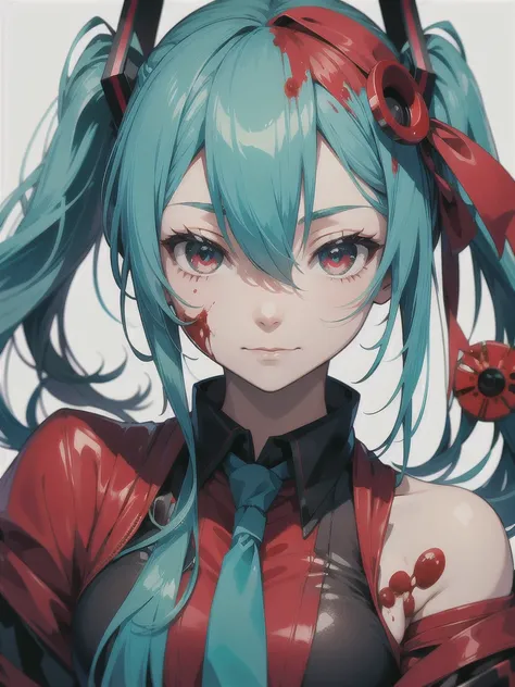 hatsune miku, red hair, psychopath face, blood