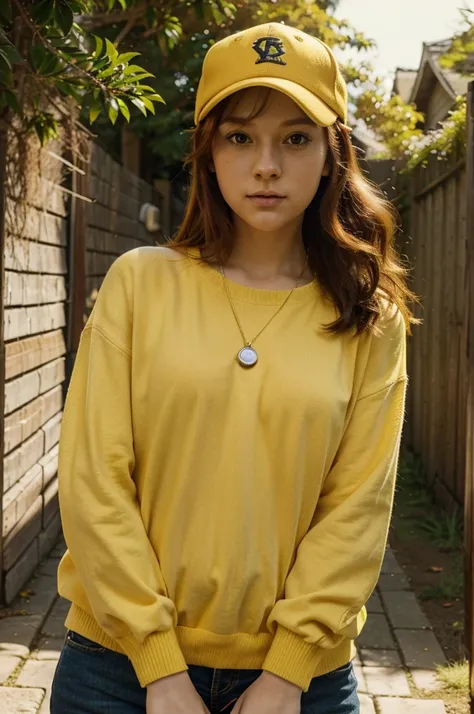 young adult, mid-twenties, female ginger, camera around neck, wearing a yellow jumper, yellow baseball cap, character design, character animation, in the style of Kentaro Miura, beautiful natural lighting, volumetric lighting, 