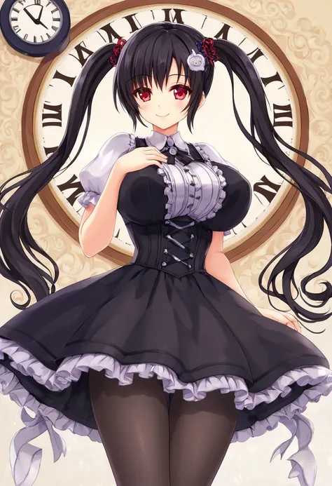 kurumitokisaki, tokisaki kurumi, (Clock Eye:1.5), Black Hair, Long Hair, Twin tails, (Hair on one eye:1.3), (Red eyes:1.5), (Large Breasts:1.4), A proud smile, Gothic, pantyhose, black pantyhose, (Cowboy Shot:1.5),(masterpiece:1.2), Highest quality, High r...