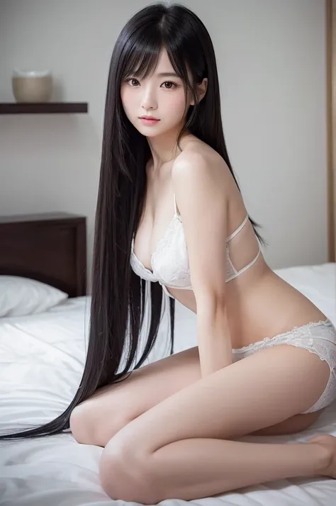 Have flowing medium length hair、Very Beautiful Japan Woman。she、It has striking bluish-black eyes.、She has a shy expression and an elegant posture.。On the bed in a room with white walls in the background。
The image style is realistic.、It adds a touch of gla...