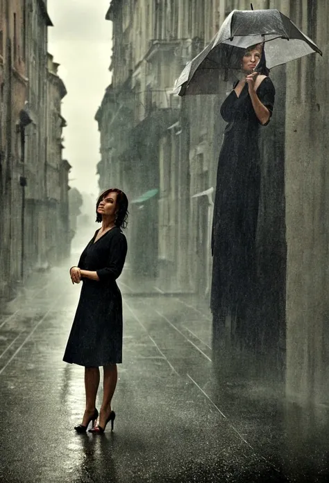 A mature woman in a casual dress, wet high heels shoes, looking behind the camera, female with silver realistic wet hair and green eyes, standing in the rain on a street in Rome, photorealistic, highly detailed, cinematic lighting, dramatic atmosphere