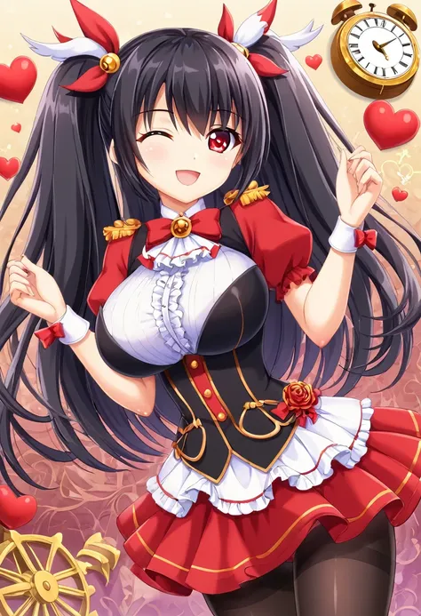 kurumitokisaki, tokisaki kurumi, (clock eye:1.5), black hair, long hair, twin tails, (hair on one eye:1.3), (red eyes:1.5), (lar...