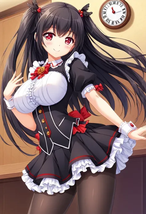 kurumitokisaki, tokisaki kurumi, (clock eye:1.5), black hair, long hair, twin tails, (hair on one eye:1.3), (red eyes:1.5), (lar...