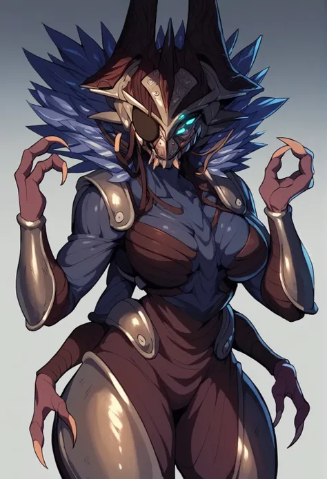 an image of an anime alien woman with four arms, Eramis from Destiny, Destiny fallen, four arms, glowing eyes, curvy body, arthropod, posing, clawed fingers