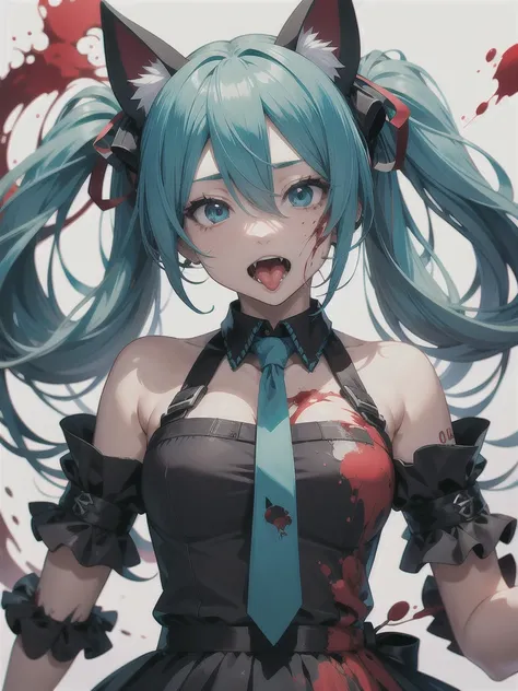 hatsune miku with red hair, psychopath face, blood, cat ears, showing the tongue