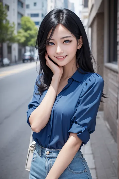 Black hair woman looking at camera, hand on chin and smiling. She is extremely beautiful, blue colored eyes, wearing a blue blouse. Non-anime style first work