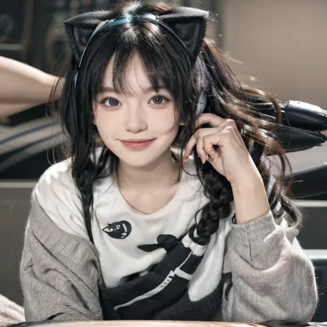 sweet girl with white skin, black eyes, black wavy hair with bangs, casual style clothes, anime blouse wearing cat ear headphones,black background, nothing in the background, looking straight ahead,black eye,realist,smile at camera,sit on seat