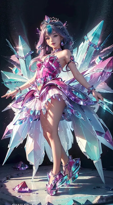 (Masterpiece), (Best quality), Extremely detailed, illustration,  ((1girll)), (colorful crystals:1.5),(Wear crystal shoes:1.5),(colorfulhair:1.2),(Colorful dresses),High chiaroscuro,(full bodyesbian:1.5)little girl  baby baby chibi anime scattered crystals...