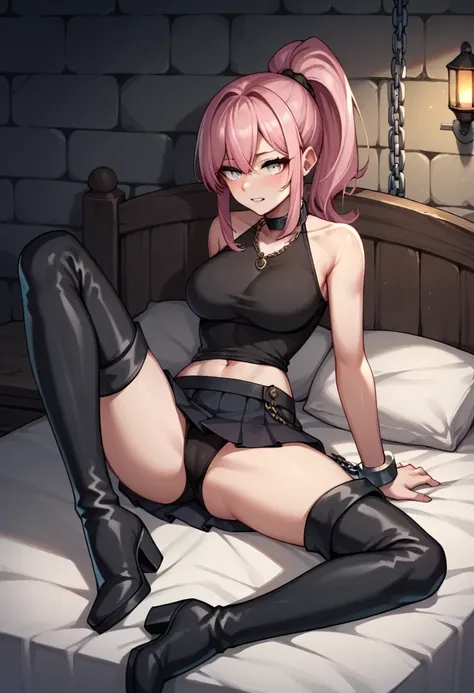 score_9, score_8_up, score_7_up, score_6_up, score_5_up, score_4_up, source_anime, 1girl,bed, pink hair ,ponytail, white eyes,, w-w-chain, shackles, spraed arms, black shirt, skirt, black boots, thigh high boots, night, dungeon, best quality, best res, 4K ...