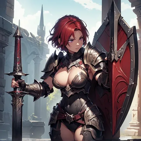 (absurdres, high fantasy artwork, best high quality image, carefuly detailed, very detailed features and textures, warcraft-aesthetic)
{{1character: 25 years old barbarian girl, (scarlet red short hair, purple eyes with black pupils, very thin lips, white ...