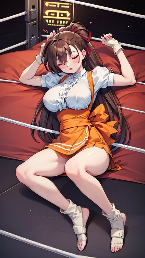 Highest quality，masterpiece，Lying down，sleep，(レスリングのリングにLying down, WWE Divas，Wrestling Arena，Wrestling ring background, Boxing ring background), 胎児の姿勢で仰向けにsleep, Lack of stamina, Ryona, Hitting a girl, death is near，タケユカ 超ロングヘア ヘアribbon, Frilled shirt, Un...