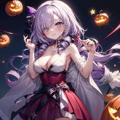 ((Highest quality)), ((masterpiece)), ((detailed)), (4K), nsfw, the art of a porn anime girl is tied to a pumpkin with string, 1girl, breasts, 独奏, (bandages), drill hair, purple eyes, purple hair, long hair, bandage over one eye, blush, large breasts, ches...