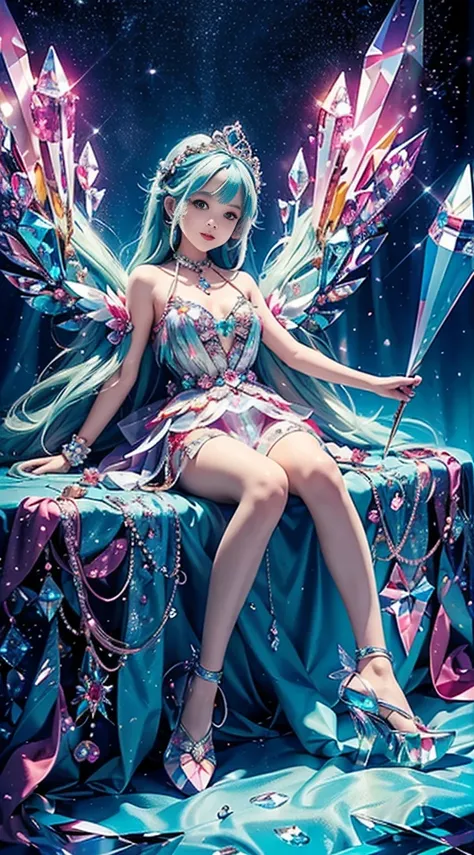 (Masterpiece), (Best quality), Extremely detailed, illustration,  ((1girll)), (colorful crystals:1.5),(Wear crystal shoes:1.5),(colorfulhair:1.2),(Colorful dresses),High chiaroscuro,(full bodyesbian:1.5)little girl  baby baby chibi anime scattered crystals...