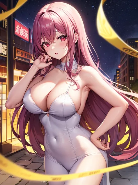 (Highest quality: 0.8), (Highest quality: 0.8), Perfect anime illustration, Close up portrait of beautiful woman walking in city。Very long purple hair、Large Breasts、赤面したRed eyes。 (((Browsing Caution))) Transparent white dress、Neon night city、Ultra-detailed...