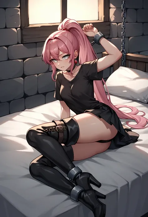 score_9, score_8_up, score_7_up, score_6_up, score_5_up, score_4_up, source_anime, 1girl,bed, pink hair ,ponytail, white eyes, laughter, w-w-chain, shackles, spraed arms, black shirt, skirt, black boots, thigh high boots, night, dungeon, best quality, best...