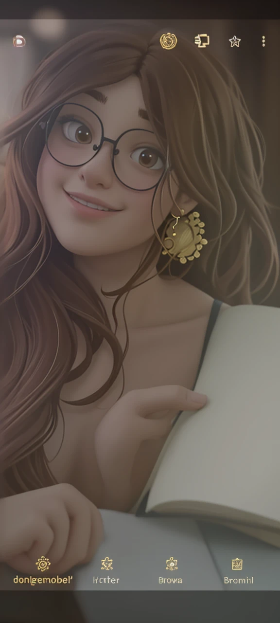 Uma mulher de 18 anos, with long brown wavy hair, Round face, charmer smile, and brown eyes, wearing glasses and holding a notebook close to his body