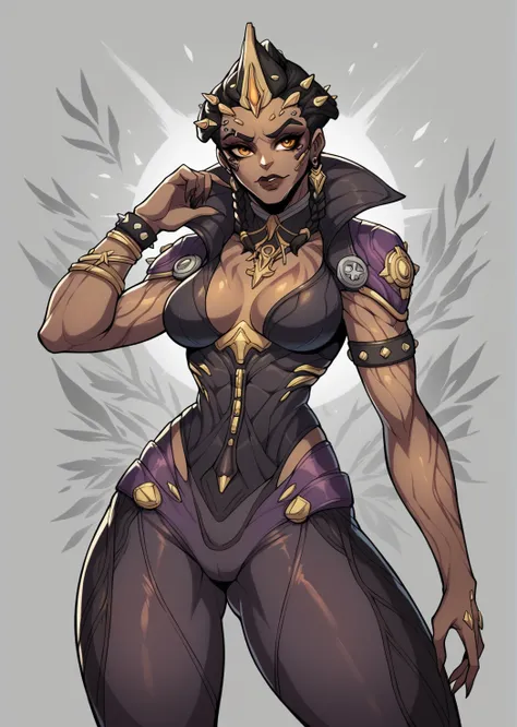 a cartoon image of a woman with a very big body and a very big head, samira from league of legends, junker queen from overwatch, anthro art, commission for high res, from overwatch, of a beautiful saryn warframe, of a beautiful female warframe, epic exquis...