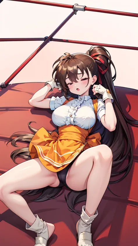 Highest quality，masterpiece，Lying down，sleep，(レスリングのリングにLying down, WWE Divas，Wrestling Arena，Wrestling ring background, Boxing ring background), 仰向けにsleep, Lack of stamina, Ryona, Hitting a girl, death is near，タケユカ 超ロングヘア ヘアribbon, Frilled shirt, Underbus...