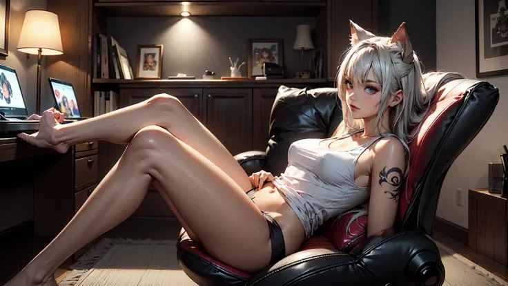 Create a high-quality, detailed image of a beautiful anime gamer girl with a striking appearance. She has long, flowing silver hair and small cat ears, adding a touch of playfulness to her look. Her body is adorned with intricate tattoos that accentuate he...