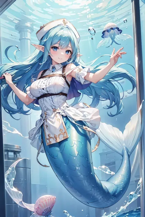 masterpiece, best quality,a girl,blue hair,white dress,blue eyes, elf ears,独奏,large breasts,mermaid,蓝色的mermaid尾巴,full-body shot,...