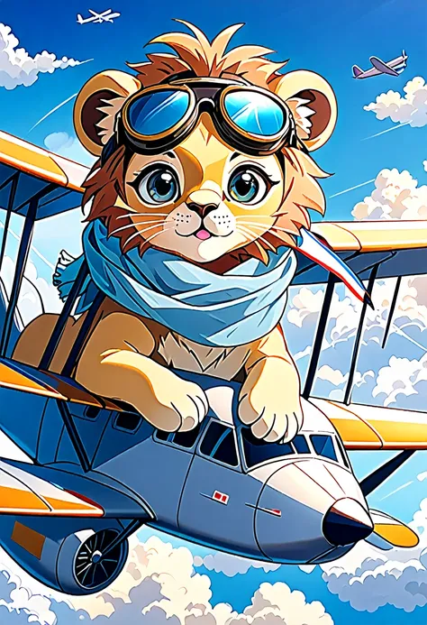 Cute lion in pilot goggles and scarf flying in first airplane against sunny sky background, with cute baby face, big eyes, on light blue background with fluffy clouds, adventurous facial expression, high resolution, hyper realistic, high resolution, photor...