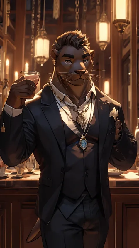 A formally dressed male furry sea lion is wearing a black shirt without a tie and jeans with a chain as decoration.  he wears a necklace with a pendant and is drinking