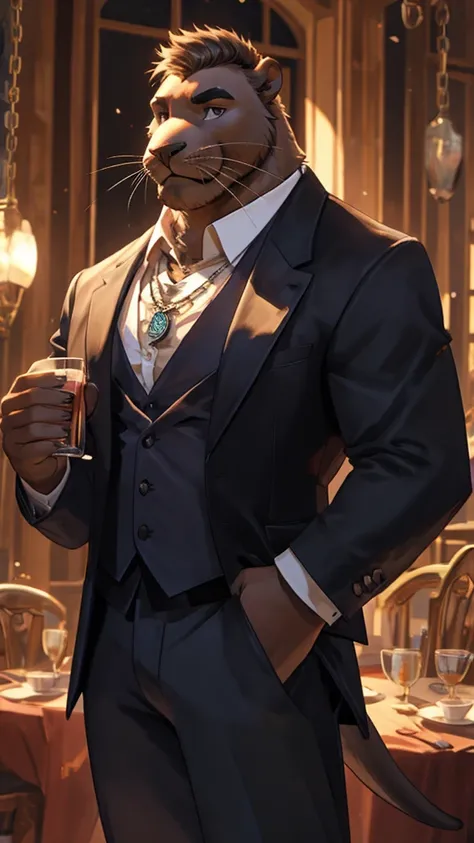 A formally dressed male furry sea lion is wearing a black shirt without a tie and jeans with a chain as decoration.  he wears a necklace with a pendant and is drinking