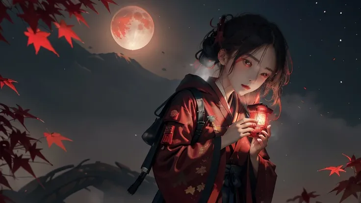 masutepiece, Best Quality,hight resolution, 1girl in, (Red, Hanfu), ((Moon)), Starry sky, (Lighting Particles), Fog, lantern, Autumn, Red Autumn leaves, indignant