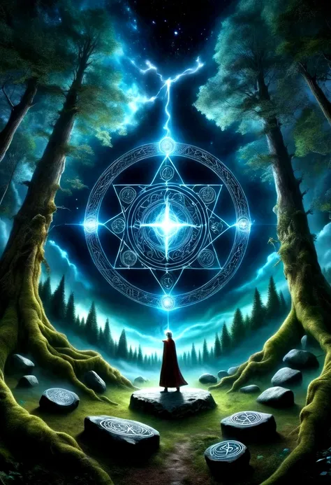 a great astrologer，（dark fantasy），（ultra wide angle），in an ancient forest wasteland, the ancient stone magic circle predates all...