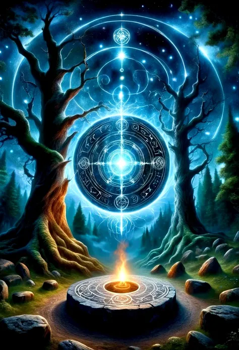 A great astrologer，（Dark Fantasy），（Ultra wide angle），In an ancient forest wasteland, The ancient stone magic circle predates all recorded history. It is composed of countless huge rocks, Each one has signs of erosion., Arranged into a perfect six-pointed s...