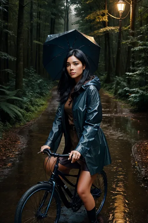 A woman with medium-length tousled black hair, wearing a brown raincoat and riding a blue bicycle in a rainy, forested environment at night, with a colorful umbrella providing a striking contrast against the dark surroundings.