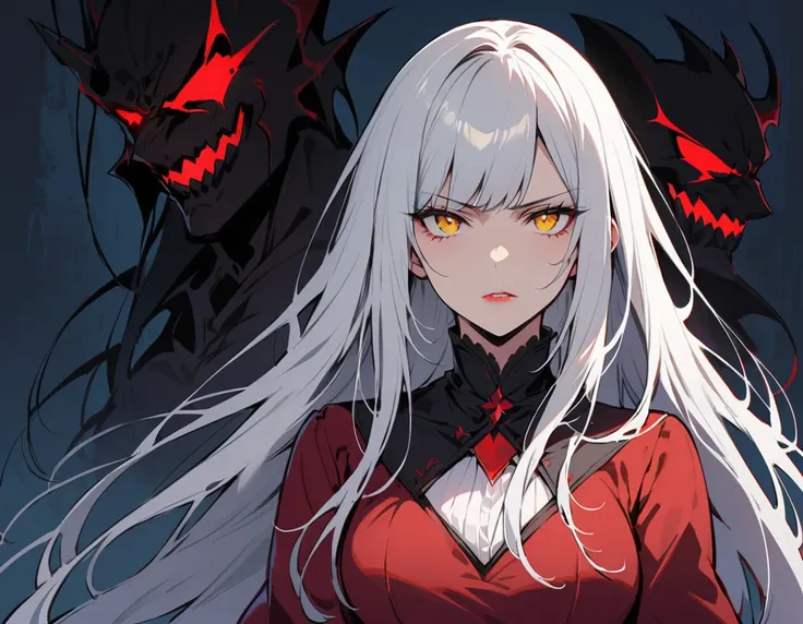 Long white hair, yellow eyes, evil, sexy, black and red clothes, cute hairstyle, evil face, evil, serious look, gloss lips, sinister, front look, bloody, gloves, (((half-body portrait))), beautiful eyes, short dress, big white, dark place, night, sensual, ...