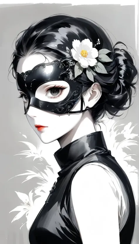 (Anime line drawing:1.5)，black and white painting，Minimalism，line art，sketch，Charcoal drawing，mask，flower