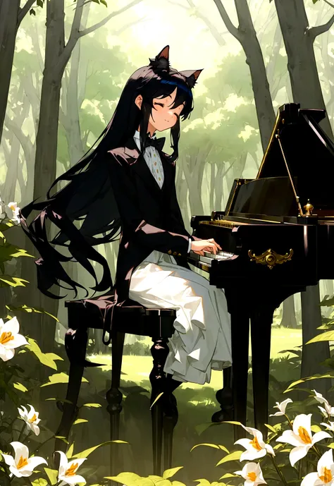 master piece, ultra detailed, hyper realistic, Fluffy and cute Cait Sith, Sit in a chair and play the piano, miniature tuxedo, tiny top hat and bow tie, enchanted forest, Close your eyes while listening to calm music, flower field, a forest with sunlight f...