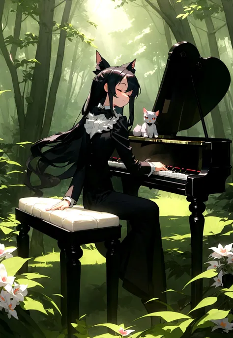 master piece, ultra detailed, hyper realistic, Fluffy and cute Cait Sith, Sit in a chair and play the piano, miniature tuxedo, tiny top hat and bow tie, enchanted forest, Close your eyes while listening to calm music, flower field, a forest with sunlight f...