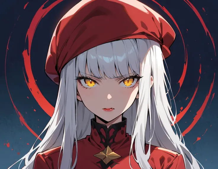 Long white hair, yellow eyes, evil, sexy, black and red clothes, cute hairstyle, evil face, evil, serious look, gloss lips, sinister, front look, bloody, gloves, (((half-body portrait))), beautiful eyes, short dress, big white, dark place, night, sensual, ...