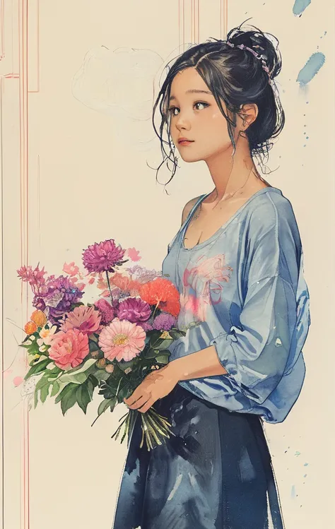 8K,​masterpiece,top-quality, (From below:1.6) ,Dynamic Pose,30 years old 1 girl, Holding a large bouquet,Portrait, Floral, watercolor sketch, light, Long hair, ssmile, watercolor paiting (Medium),watercolor paiting,Plain tank top,Plain light blue sweater,l...