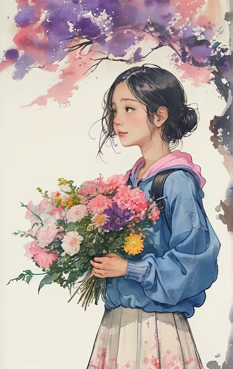 8K,​masterpiece,top-quality, (From below:1.6) ,Dynamic Pose,30 years old 1 girl, Holding a large bouquet,Portrait, Floral, watercolor sketch, light, Long hair, ssmile, watercolor paiting (Medium),watercolor paiting,Plain tank top,Plain light blue sweater,l...