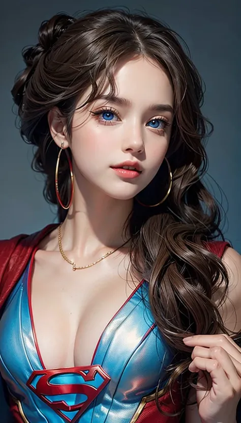 The character Supergirl, perfect blue and red costume with the traditional "S" in the chest, red cape, shiny little blue eyes, extremely beautiful blond hair, beautiful smile , perfect anatomy and extremely beautiful face, hyperrealistic face 